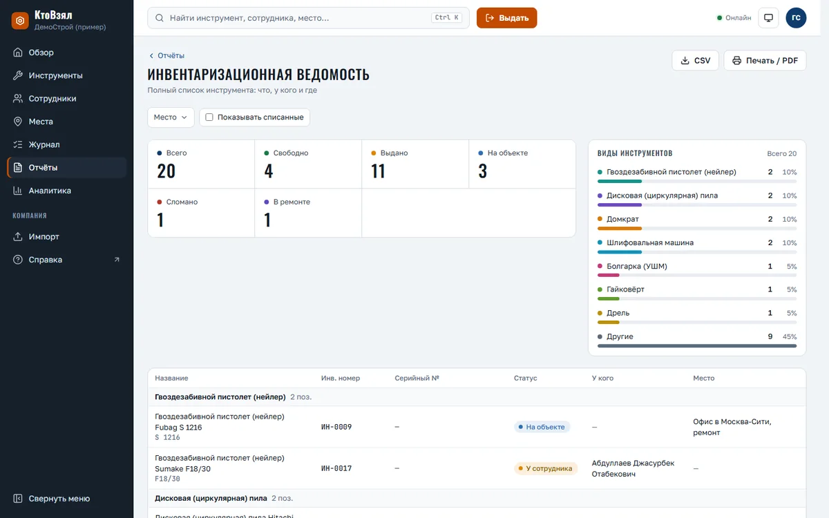 Инвентаризационная ведомость в веб-кабинете